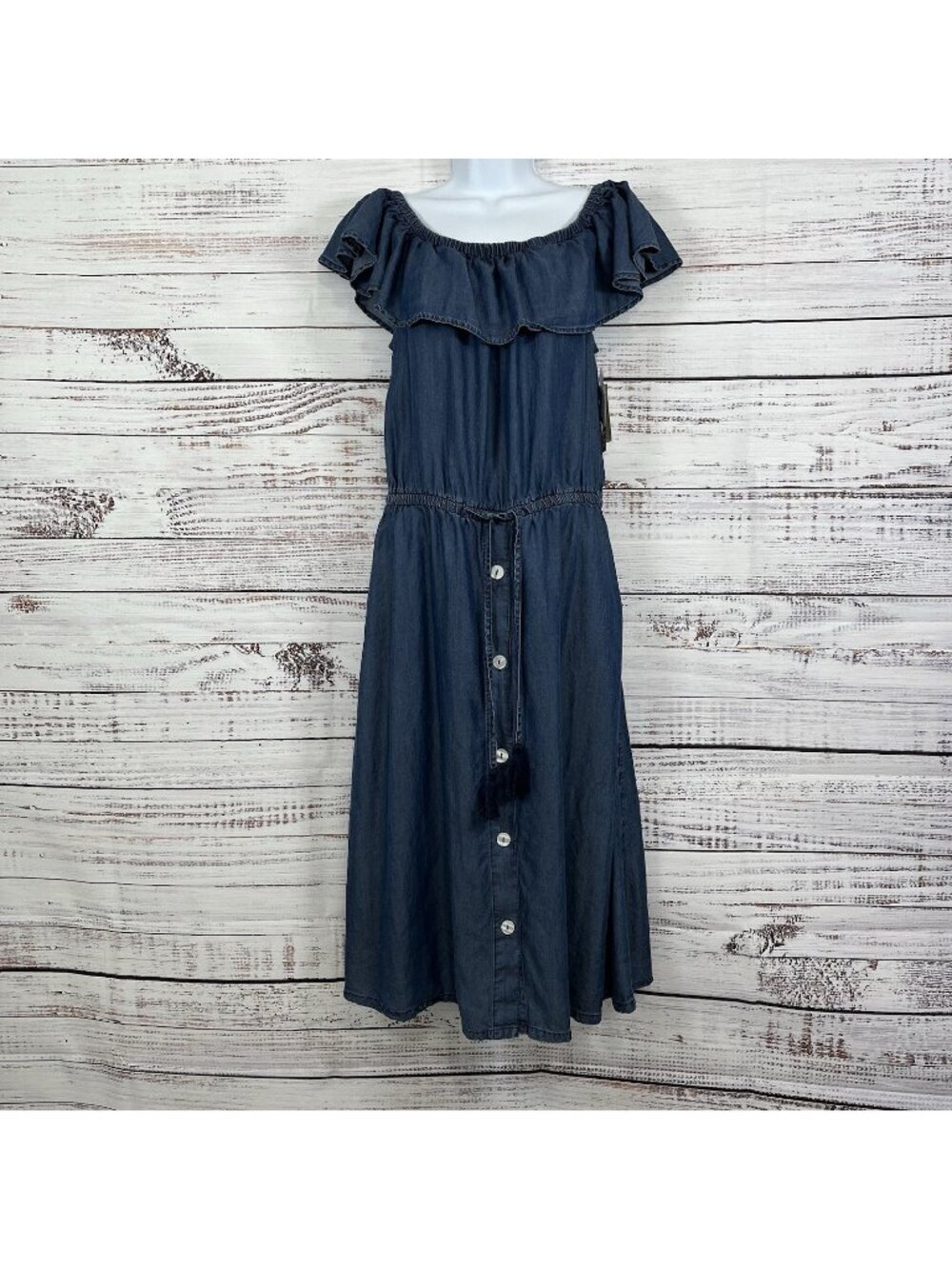 Tommy Bahama Blue Chambray Off The Shoulder Tassel Midi Dress